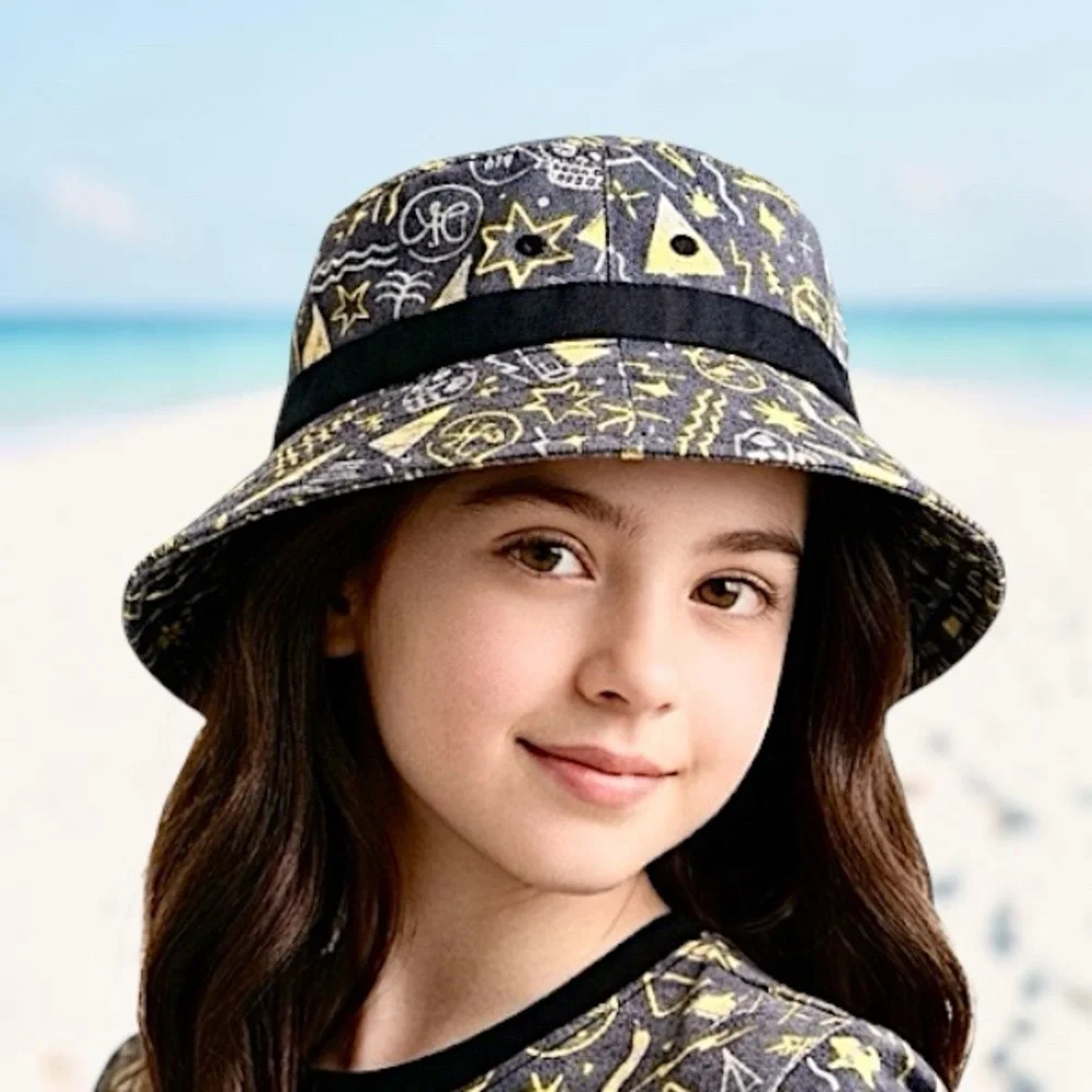 DaKine Big Kids Beach Bum Graphics Yellow Grey Black Bucket Hat Sz OS